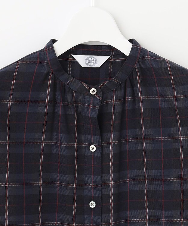 J.PRESS LADIES S 【洗える】クリアチェック バンドカラー ブラウス ネイビー系3