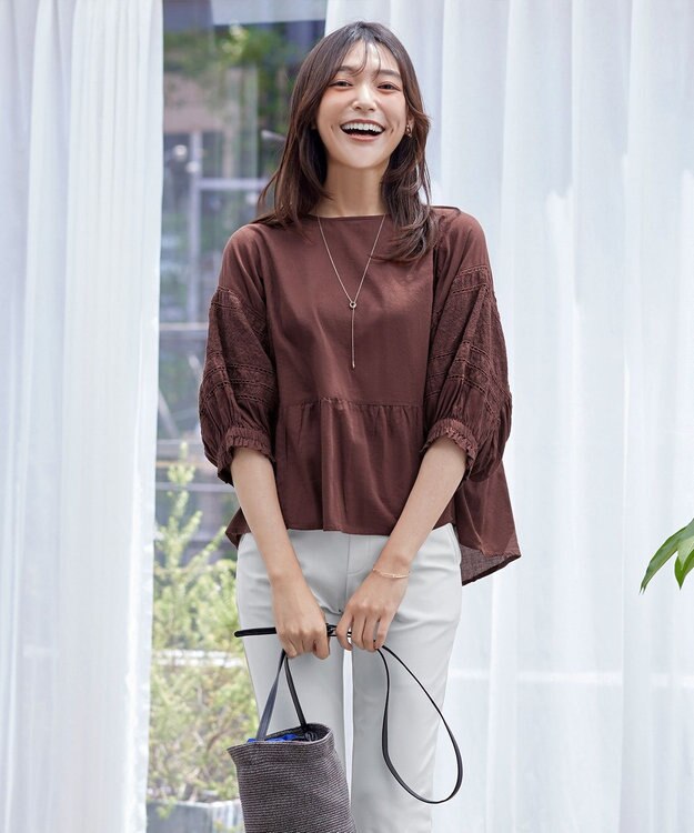 Tiaclasse 【洗える】コットンエンブロイダリーブラウス ブラウン