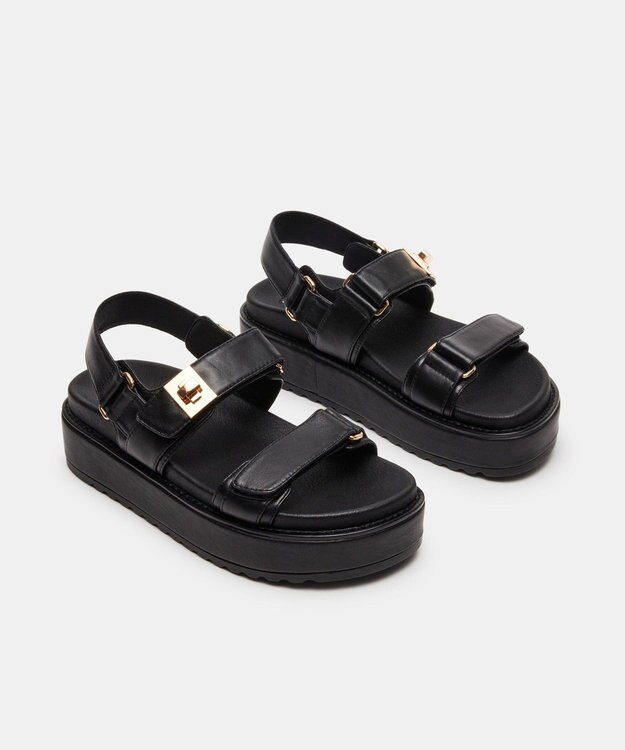 STEVE MADDEN BIGMONA ダブルベルトレザーサンダル ブラックレザー
