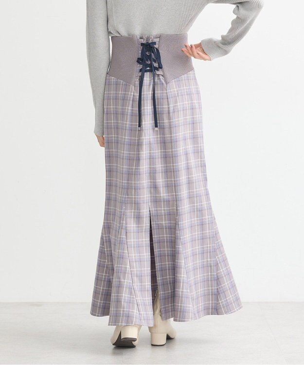 earth music&ecology サイドリブバックレースアップスカート Check Blue
