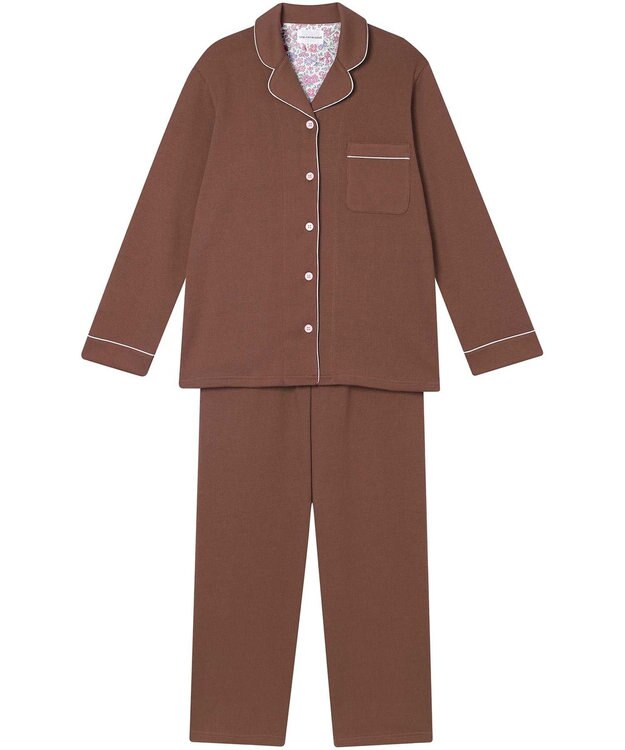 une nana cool 【綿混】ソフトコットンリブ 長袖開襟パジャマ MADE WITH LIBERTY FABRIC ダークブラウン