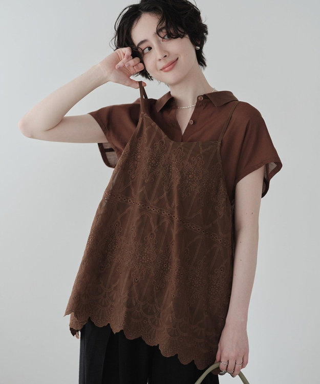 Green Parks ＳＥＴ２点刺しゅうキャミ＋シャツ Brown