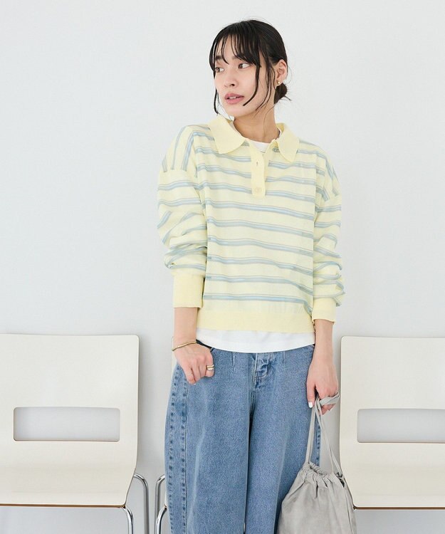 CRAFT STANDARD BOUTIQUE シアーボーダーポロ衿ニットプルオーバー Ivory