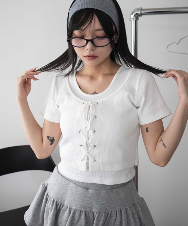 WEGO ヴィンテージライクレースアップT ホワイト