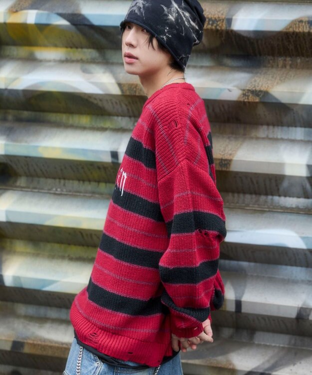 WEGO 【ユニセックス着用ITEM】アゼアミボーダーニットプルオーバー レッドボーダー