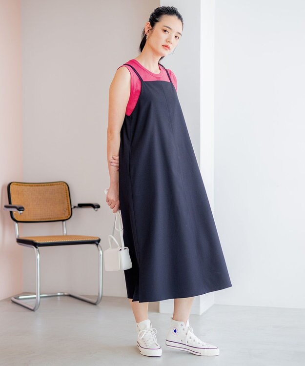 組曲 【洗える・シワになりにくい】リネン混オックスストレッチ キャミワンピース ブラック系