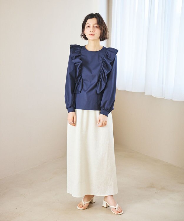 #Newans 【洗濯機可能/シワになりにくい】〈小柄さんにお勧め〉バーティカルフリルブラウス ネイビー