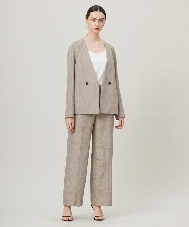 ICB 【日本製・洗える】ペイズリーレノクロス ノーカラージャケット クリームブラウン系