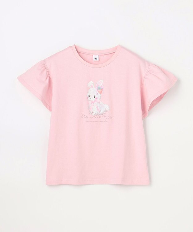 ANY KIDS 【綿100%】ドロップショルダー アニマルプリントTシャツ ピンク×ウサギ