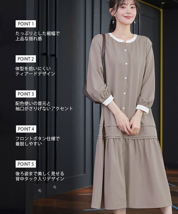 Tiaclasse L ピンタックギャザークレリックシャツワンピース グレージュ