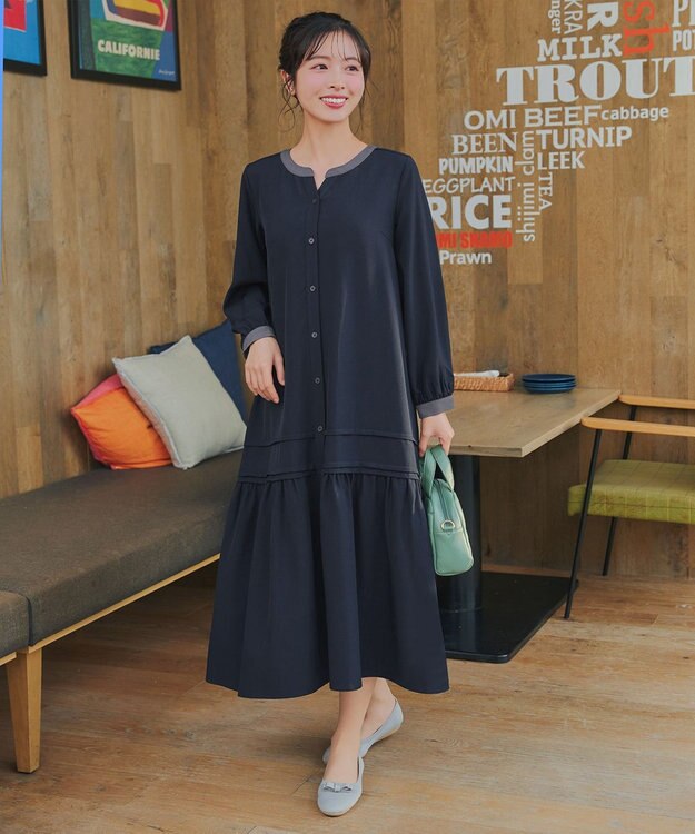 Tiaclasse L ピンタックギャザークレリックシャツワンピース ネイビー