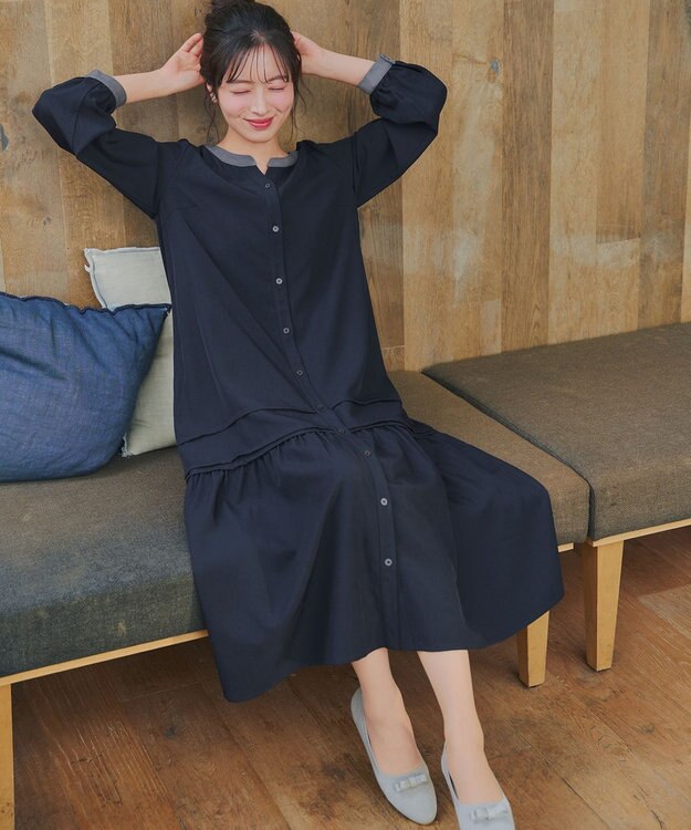 Tiaclasse L ピンタックギャザークレリックシャツワンピース ネイビー