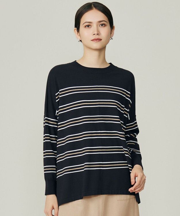 自由区 L 【WEB限定カラーあり】レーヨンストレッチ ニットT [新色]ネイビーボーダー