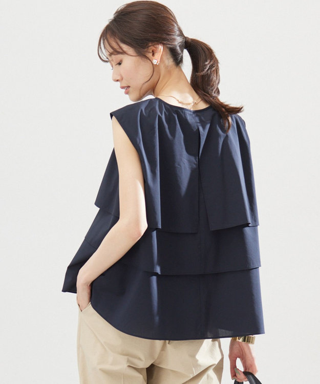 組曲 【WEB限定】コットンレーヨンシャーティングノースリーブ ブラウス ネイビー系