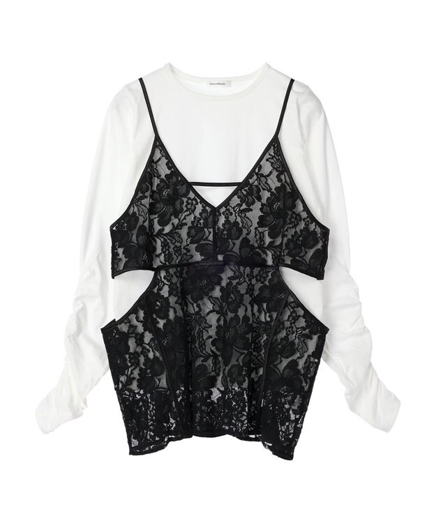 Green Parks AnriettMusee シャーリングスリーブＴシャツ＋レースキャミソールＳＥＴ Black