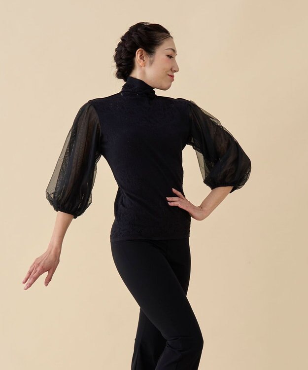 Chacott 【ノーソーイングニット】チュールスリーブハイネックトップ ブラック