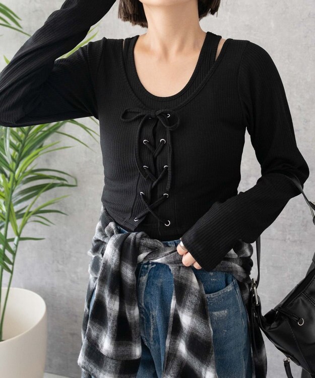 WEGO レイヤードレースアップ長袖トップス ブラック