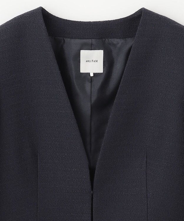 ANY ライトツイード　Ｖネックノーカラージャケット ネイビー
