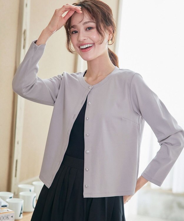 Tiaclasse 【小倉優子さん着用・洗える・接触冷感・汗ジミ防止】“サマさまカットソー”フレームボタンカーディガン グレージュ