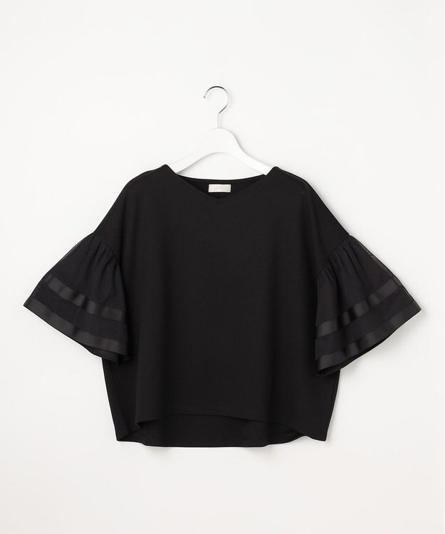 ANY SIS ゆるVネックチュールフリル袖 プルオーバー ブラック