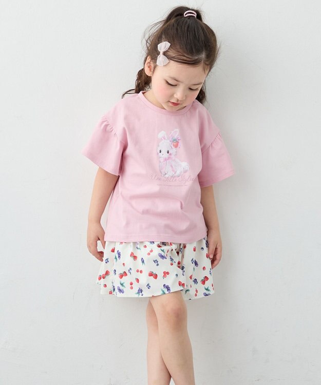 ANY KIDS 【綿100%】ドロップショルダー アニマルプリントTシャツ ピンク×ウサギ