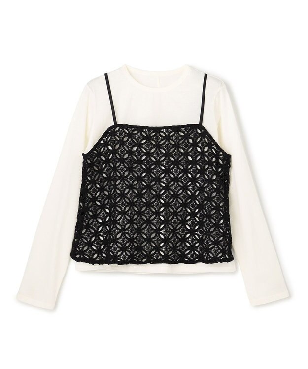 UNFILO L 【2点セット】ラッセルレース キャミレイヤード Tシャツ ブラック