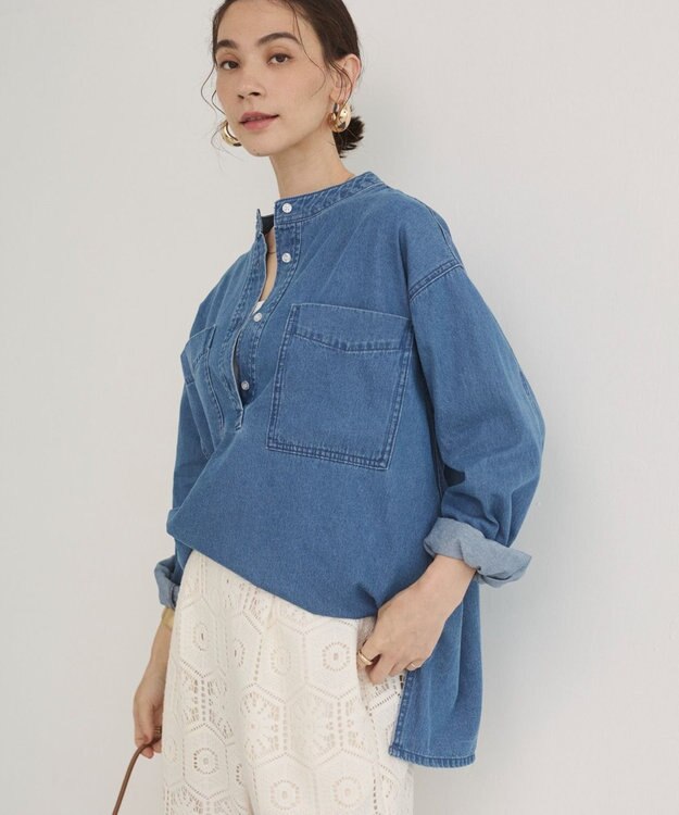 WEGO 【ANGIE VINTAGE】襟が選べる デニム プルオーバー シャツ（バンドカラー/レギュラー） ブルー