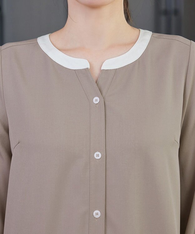 Tiaclasse L ピンタックギャザークレリックシャツワンピース グレージュ