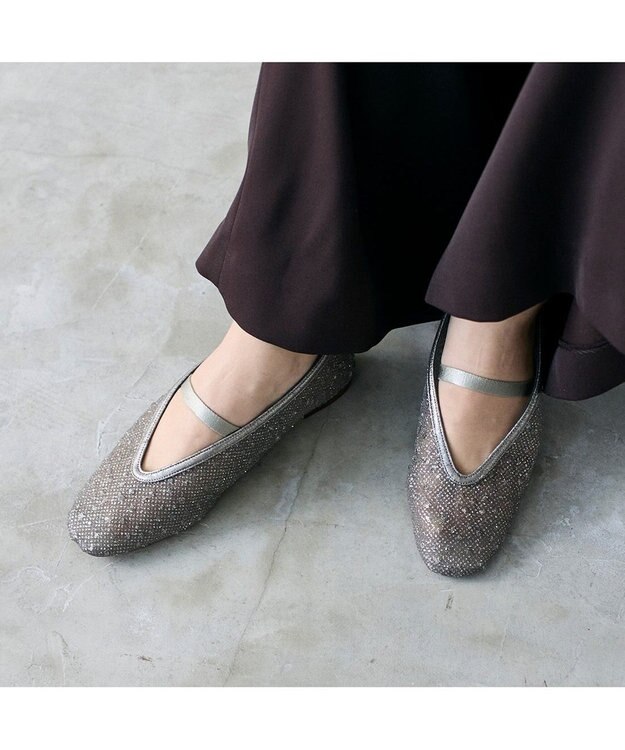 MODE ET JACOMO <MODE ET JACOMO>ストラップチュールフラットパンプス グレーメタリック