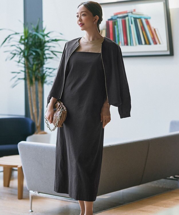 23区 【洗える】リネンレーヨンストレッチ  Iライン キャミソール ワンピース ダークブラウン系