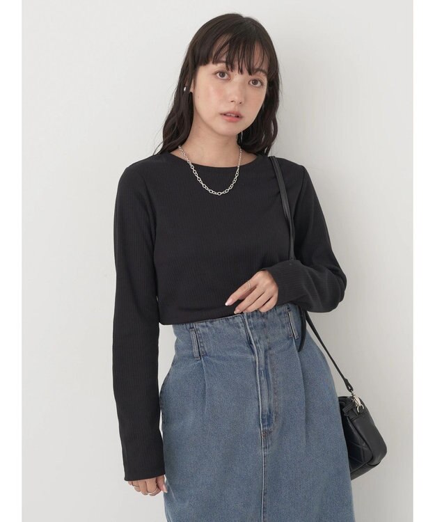 earth music&ecology チェーンリブクルーネックプルオーバー Black