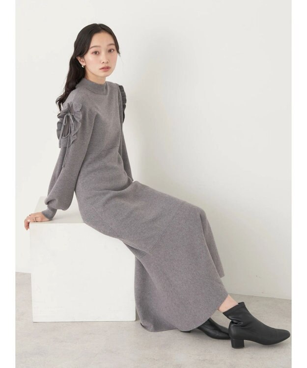 earth music&ecology 袖シアーフリルニットワンピース Gray