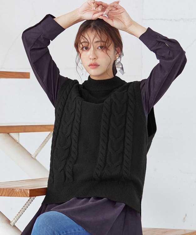 Tiaclasse 【洗える】ケーブル編みニットベスト ブラック