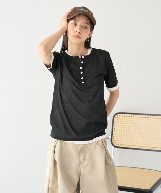 earth music&ecology シアーレイヤード風5分袖プルオーバー Black