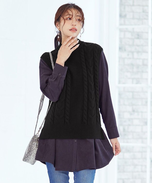 Tiaclasse 【洗える】ケーブル編みニットベスト ブラック