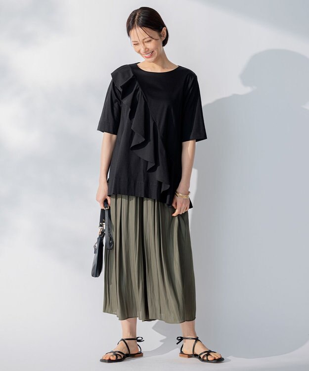 自由区 【WEB限定/洗える】ツイルギャザーパンツ カーキ系