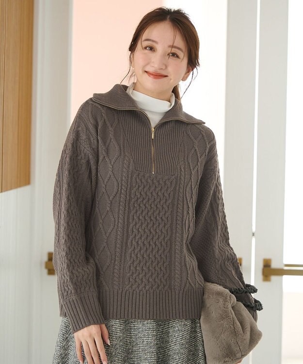 ANY L ソフトアクリルハーフジップケーブルニット ブラウン