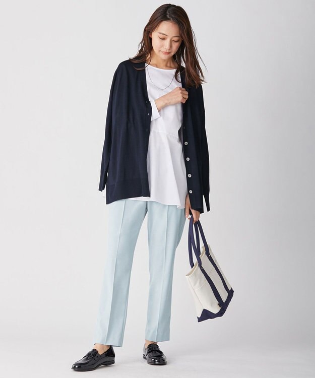 J.PRESS LADIES 【洗える】ポリエステルレーヨンマイクロギャバストレッチ テーパード パンツ サックスブルー系