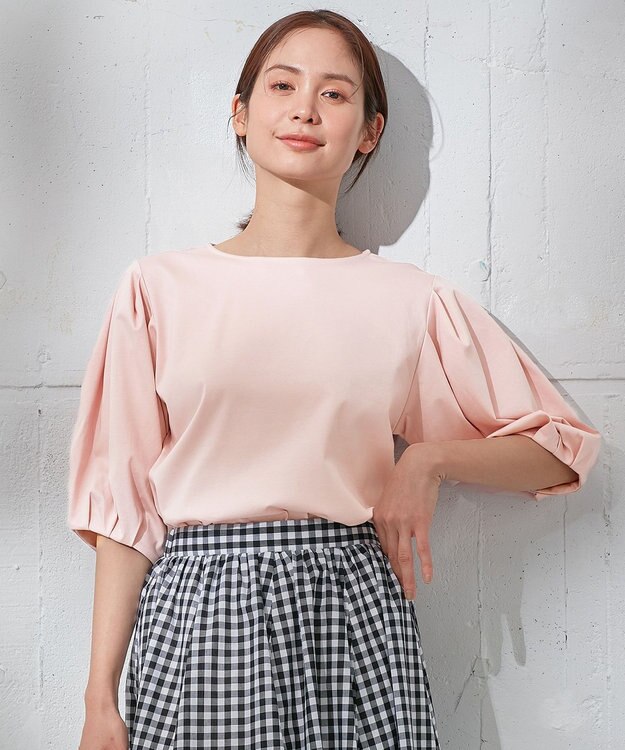 ANY 【WEB限定・接触冷感】シルケットスムース ギャザーパフスリーブトップス ピンク