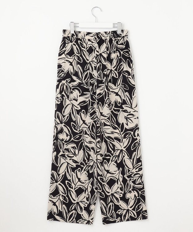 自由区 L 【カタログ掲載・ウエストゴム・洗える】モノトーンフラワープリントワイド パンツ オフｘブラック