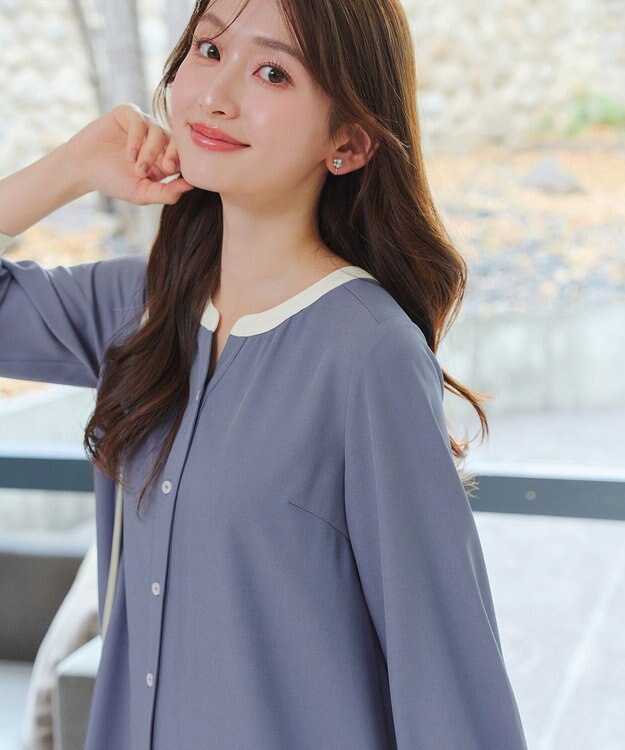 Tiaclasse L ピンタックギャザークレリックシャツワンピース ブルー