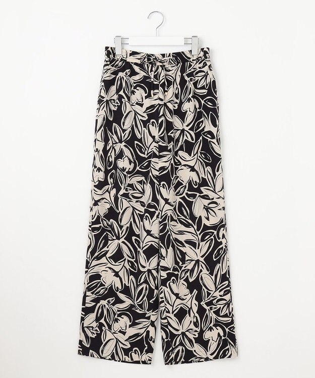 自由区 L 【カタログ掲載・ウエストゴム・洗える】モノトーンフラワープリントワイド パンツ オフｘブラック