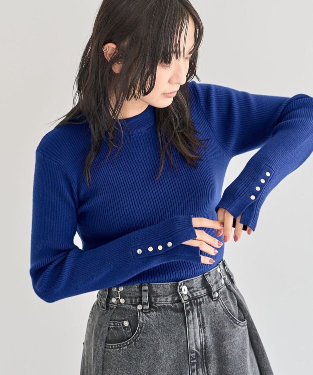 Green Parks もちやわ袖口釦リブニットプルオーバー Blue
