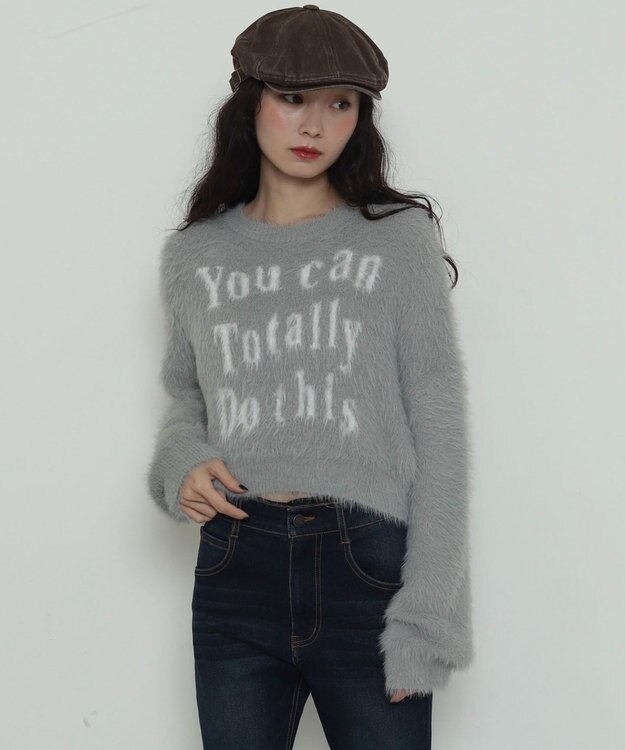 WEGO ロゴシャギーショートニット グレー