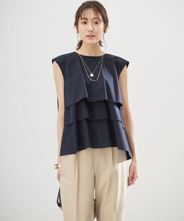組曲 【WEB限定】コットンレーヨンシャーティングノースリーブ ブラウス ネイビー系