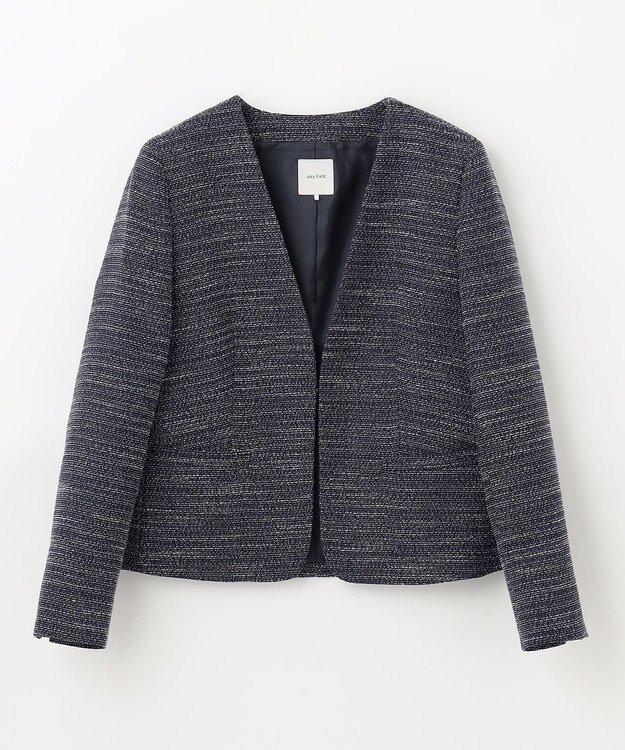 ANY ライトツイード　Ｖネックノーカラージャケット オフ×ネイビー