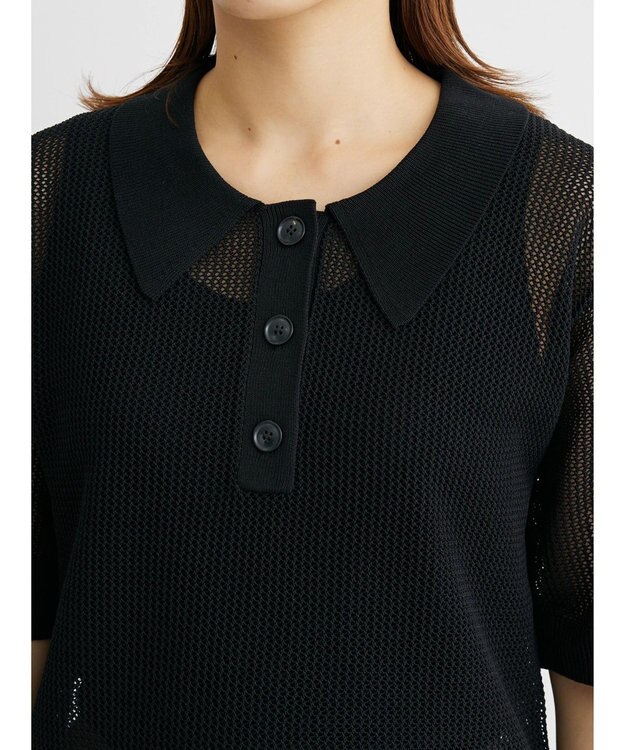 Green Parks メッシュポロ衿ニットプルオーバー Black