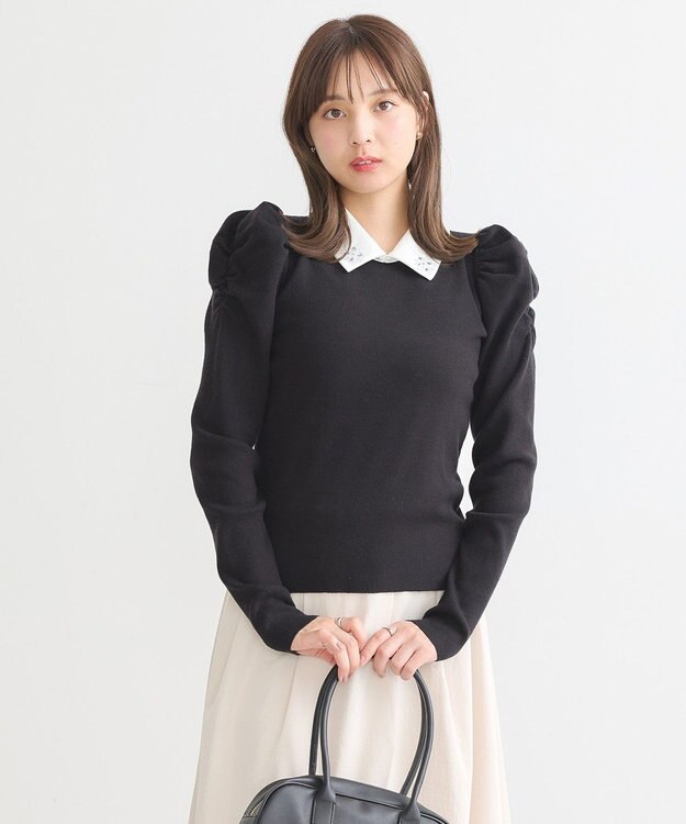 earth music&ecology 襟ビジュー付きニットプルオーバー Black