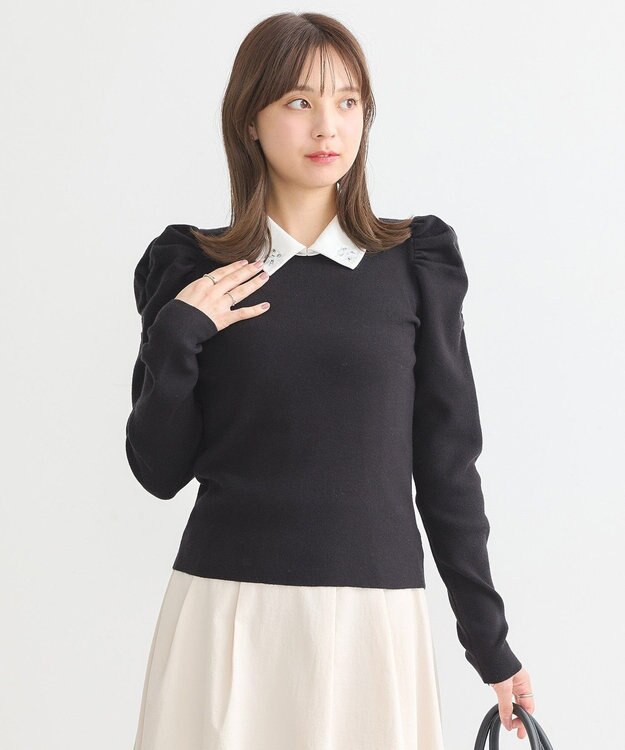 earth music&ecology 襟ビジュー付きニットプルオーバー Black