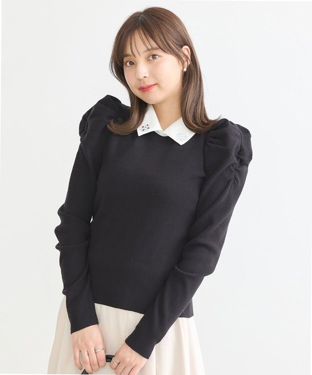 earth music&ecology 襟ビジュー付きニットプルオーバー Black